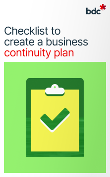 Illustration of a checklist in bright greens with the text Checklist to create a business continuity plan
