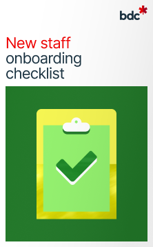 Illustration of a clipboard in bright colors with the text New staff onboarding checklist