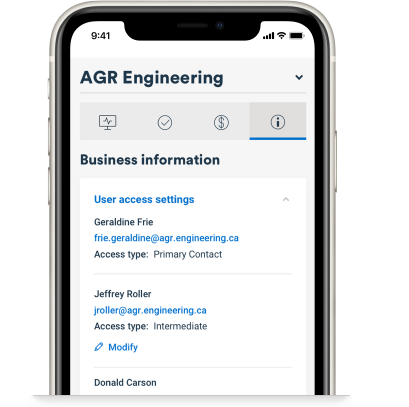 phone screen showing a business information page on the bdc app