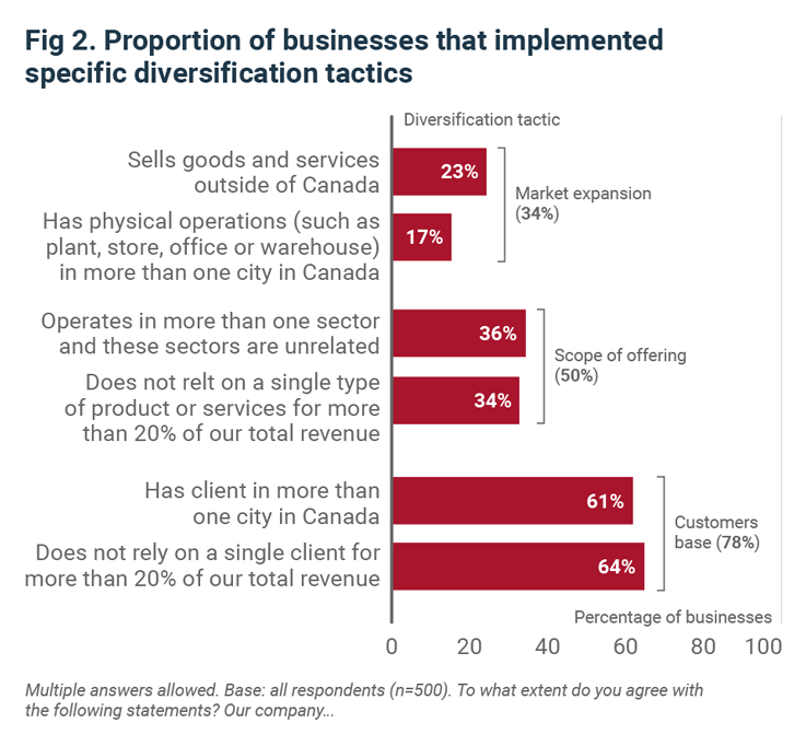 Bar chart showing proportion of businesses that implemented specific diversification tactics