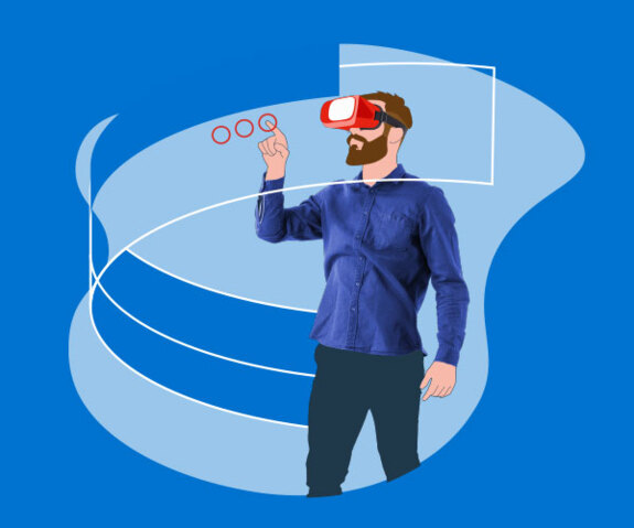 Illustration of a man wearing a VR headset pressing buttons in the air