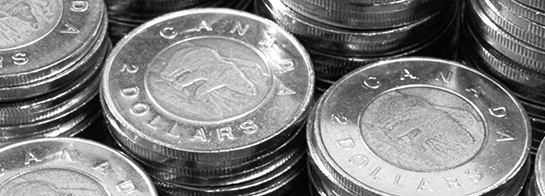 Close up of stacks of Canadian 2 dollar coins