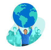 illustration of a man holding up planet earth in front of a crowd