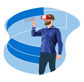 Illustration of a man wearing a VR headset and interacting with buttons