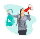 illustration of a woman speaking on a megaphone holding sales tags
