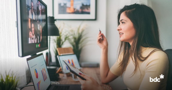 businesswoman talking during an online meeting