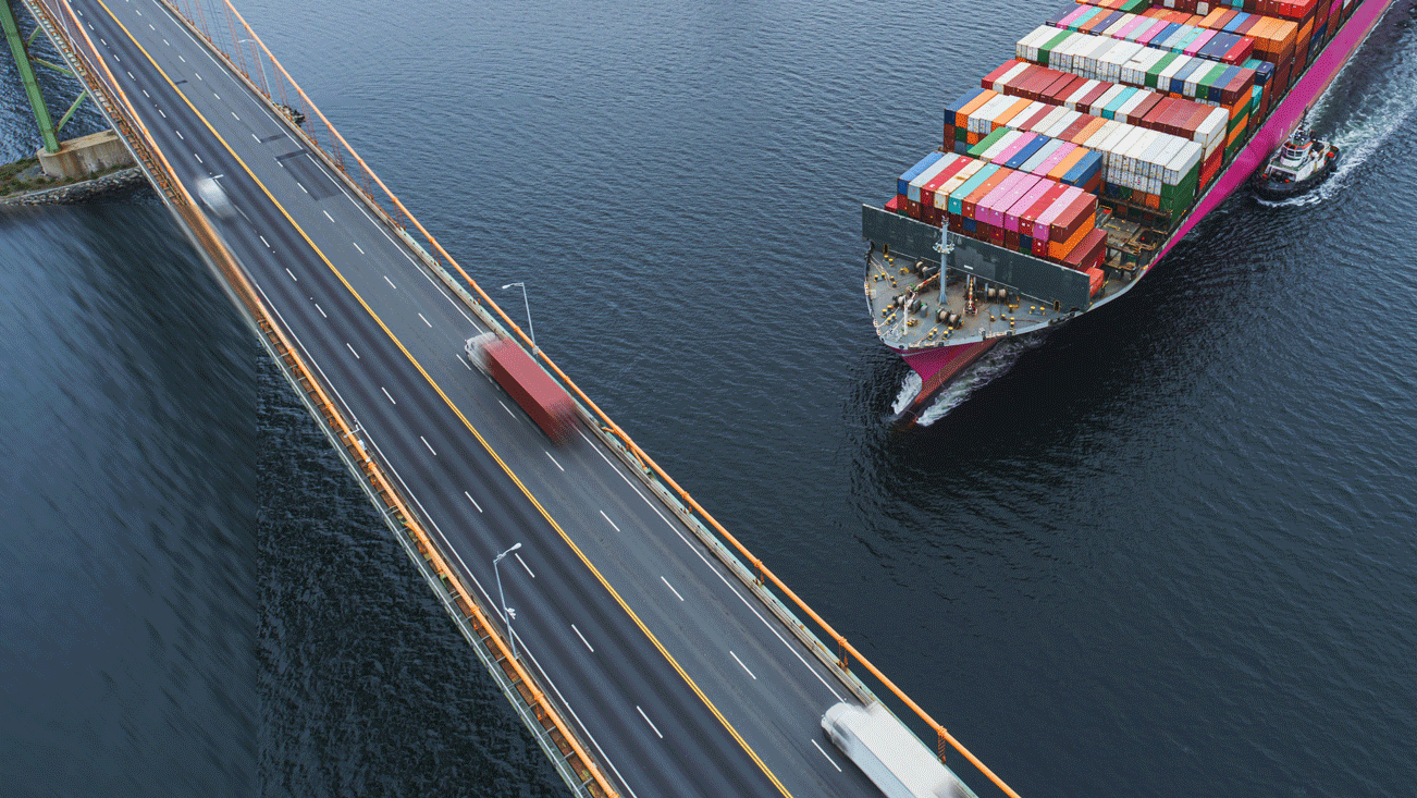 cargo ship navigating near a bridge