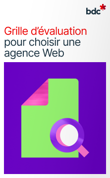 Illustration d'un document vert et d'une loupe avec le texte Grille d'évaluation pour choisir une agence Web