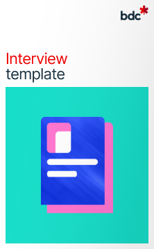 Illustration of a document in bright colors with the text Interview template