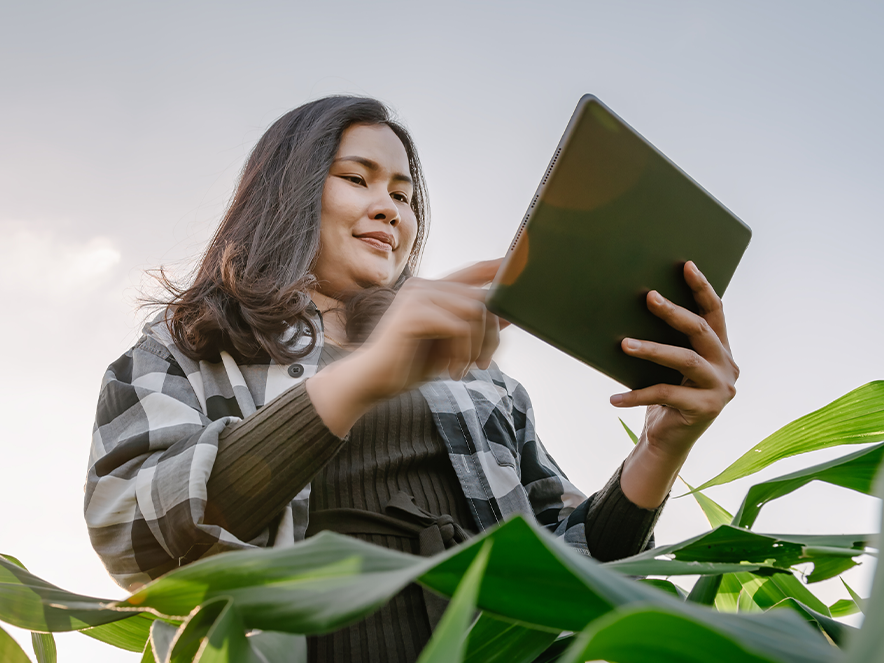 woman in a field with an ipad