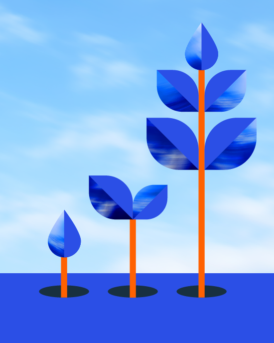 Illustration of three different stages of plant growth in orange and blue