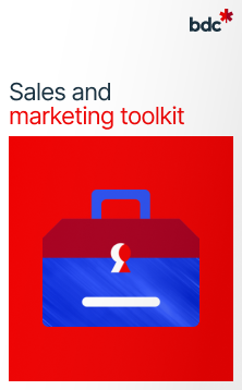 Illustration of a toolkit in bright colors with text Sales and Marketing toolkit