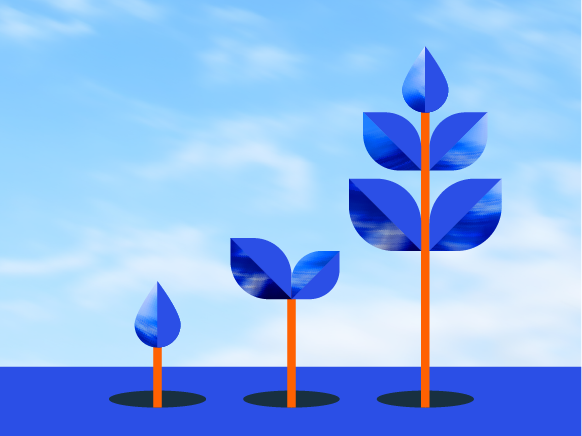 Illustration of three different stages of plant growth in orange and blue