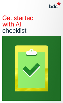 Illustration of a clipboard in bright colors with the text Get started with AI checklist