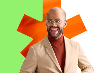 BDC employee in a dynamic pose on a green background and orange leaf