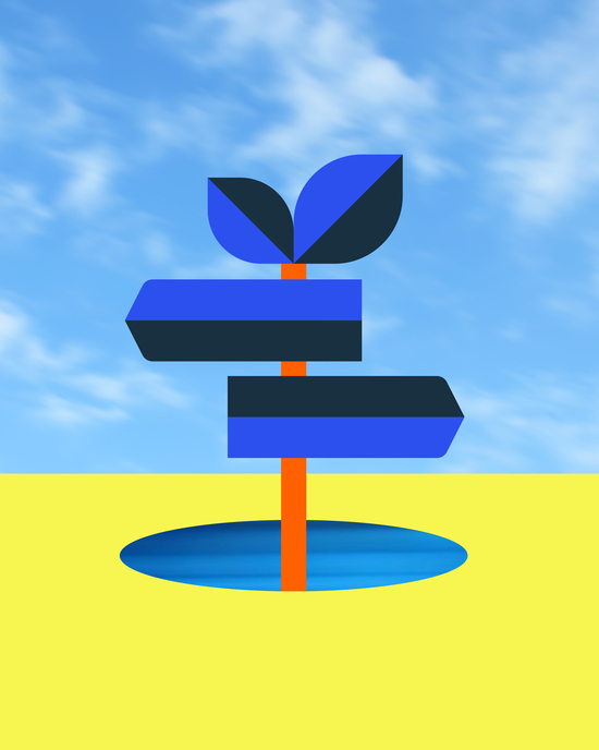 illustration of a plant with 2 directional signs emerging from a blue hole in the yellow soil, with a cloudy blue sky in the background.