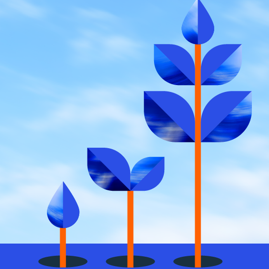 Illustration of three different stages of plant growth in orange and blue